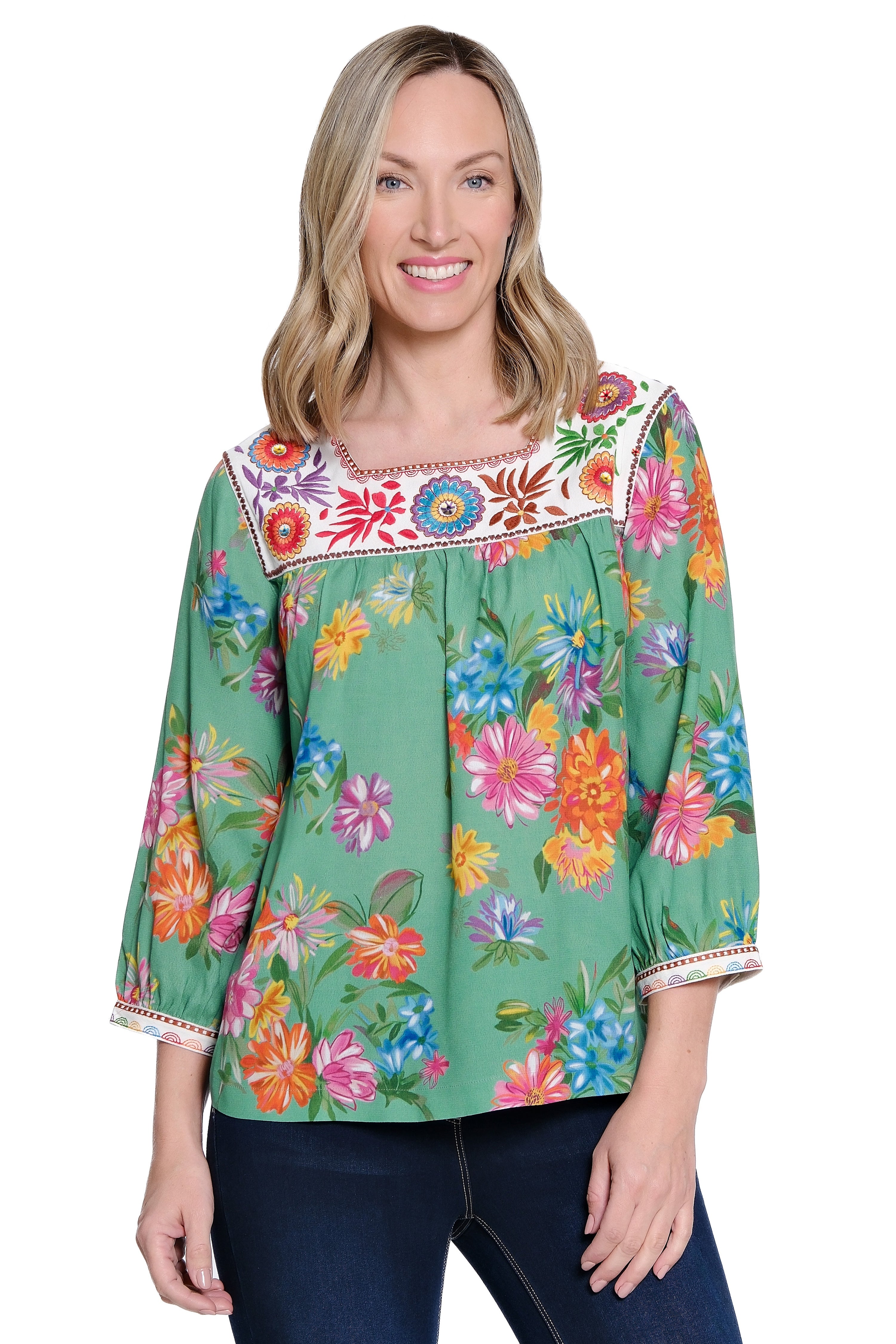 Floral Print Peasant Top with Embroidered Square Neckline - Petite - Green Floral