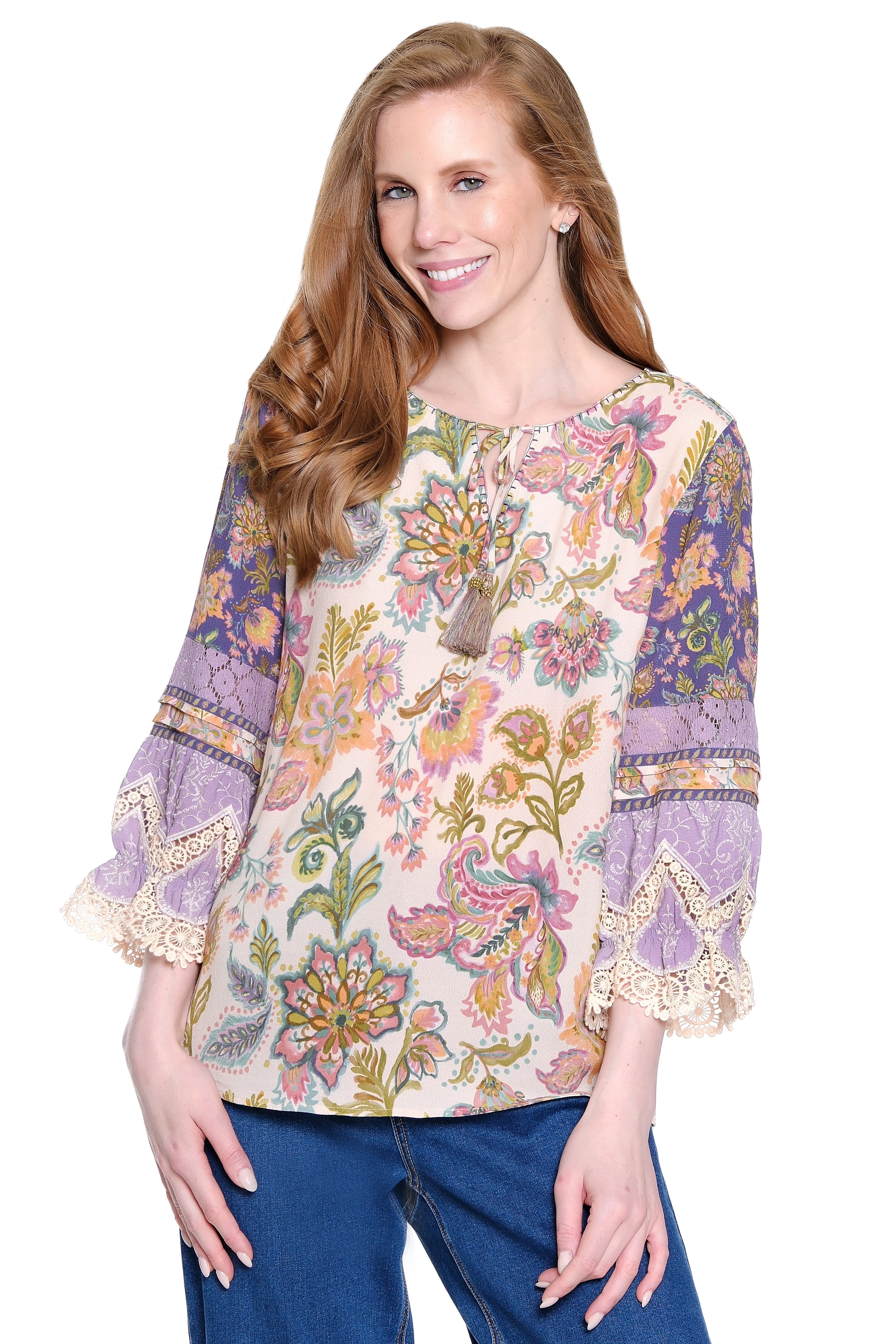 Mixed Print Peasant Top with Tassel Ties - Petite - Purple Multi
