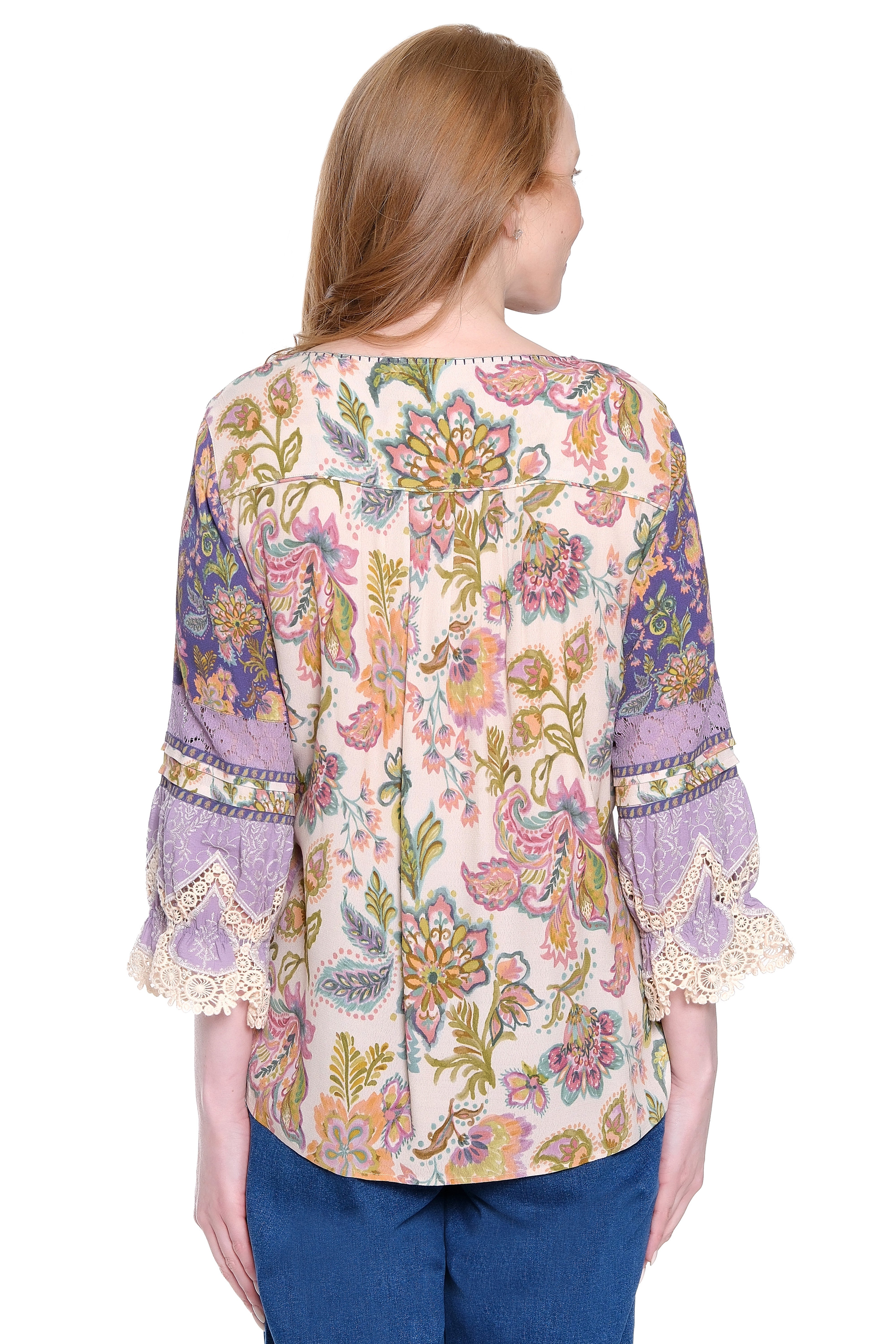 Mixed Print Peasant Top with Tassel Ties - Petite - Purple Multi