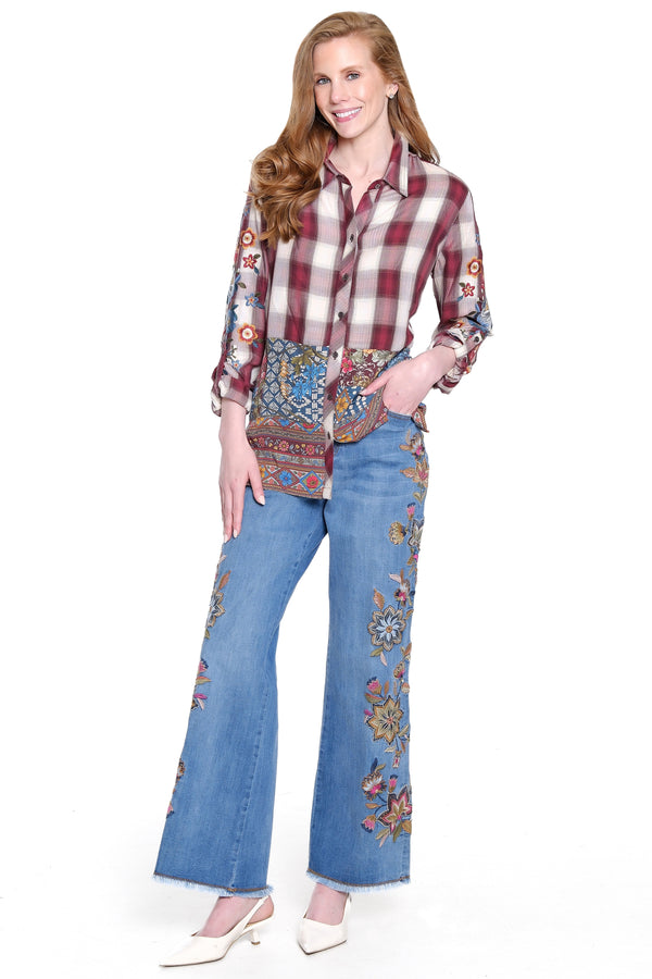 Embroidered Wide Leg Pant - Denim