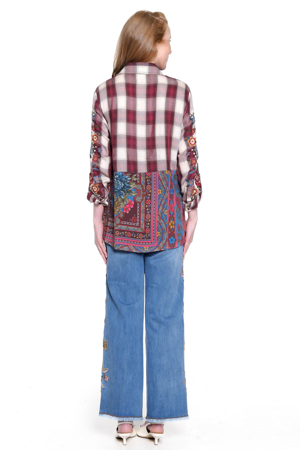 Embroidered Wide Leg Pant - Denim