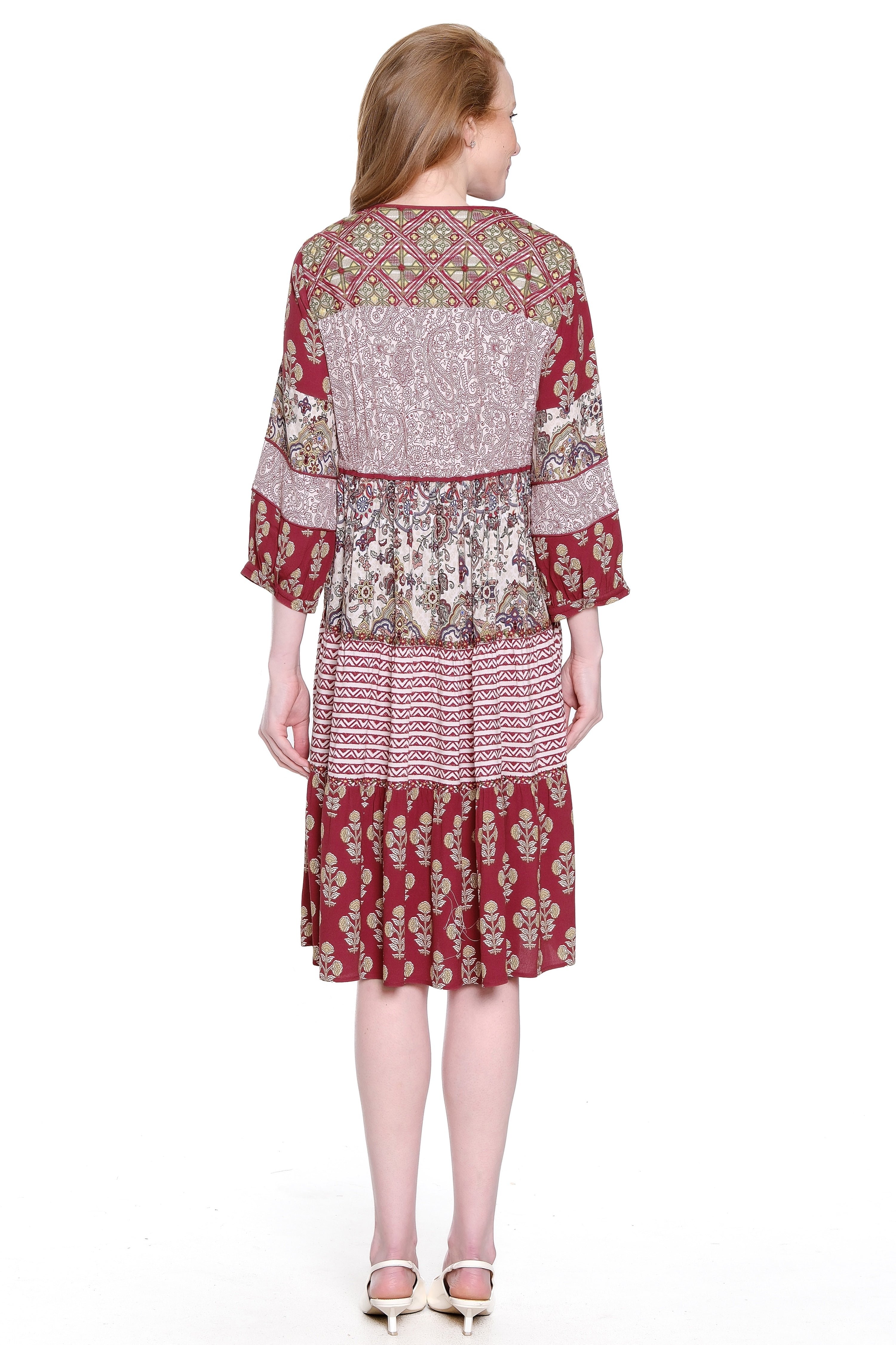 Mixed Print Embroidered Tiered Midi Dress - Burgundy