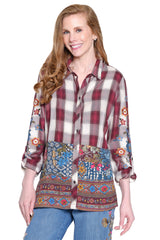 Embroidered Sleeve Button-Front Tunic - Plus - Wine Plaid
