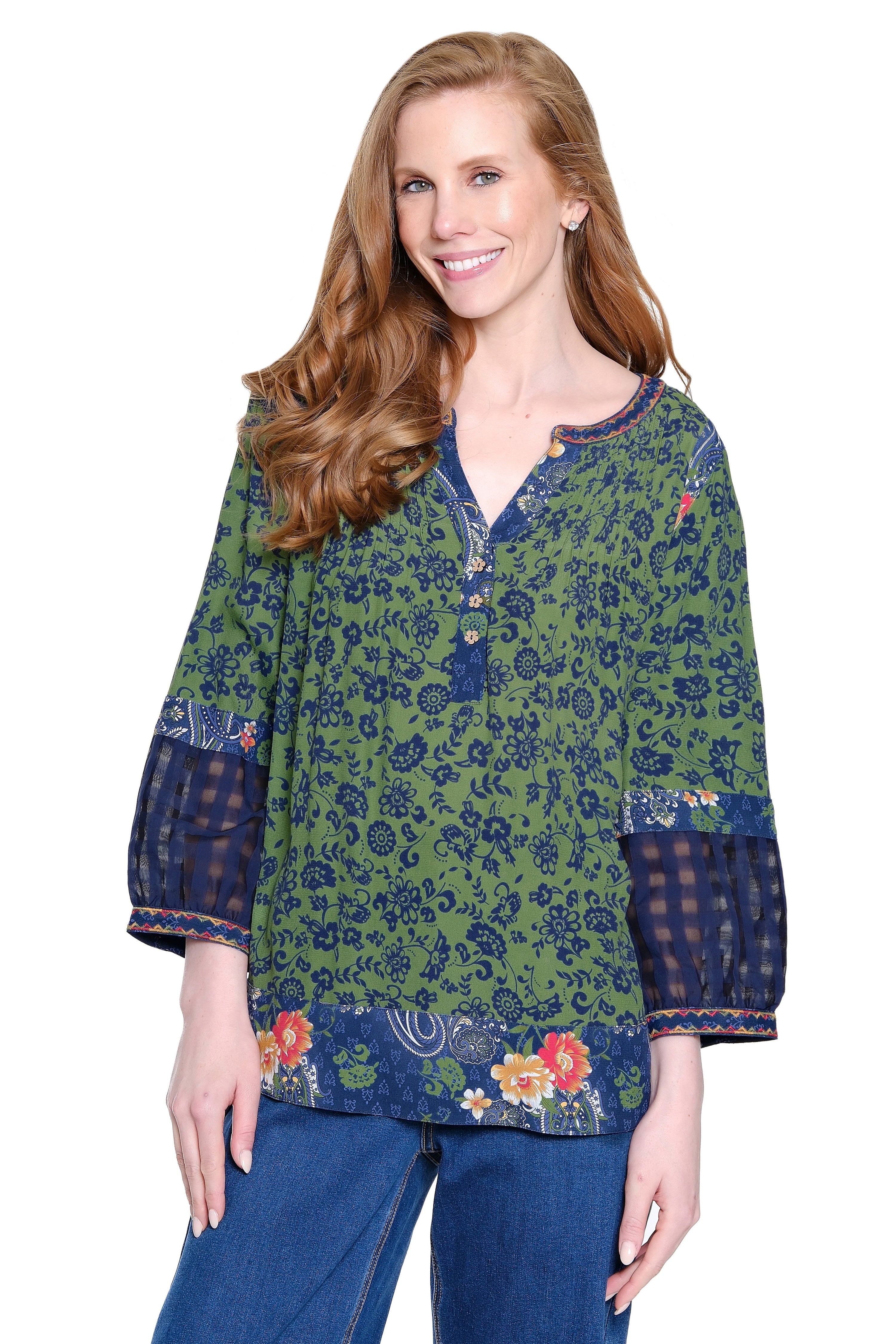 Embroidered Neck Peasant Tunic - Moss Green