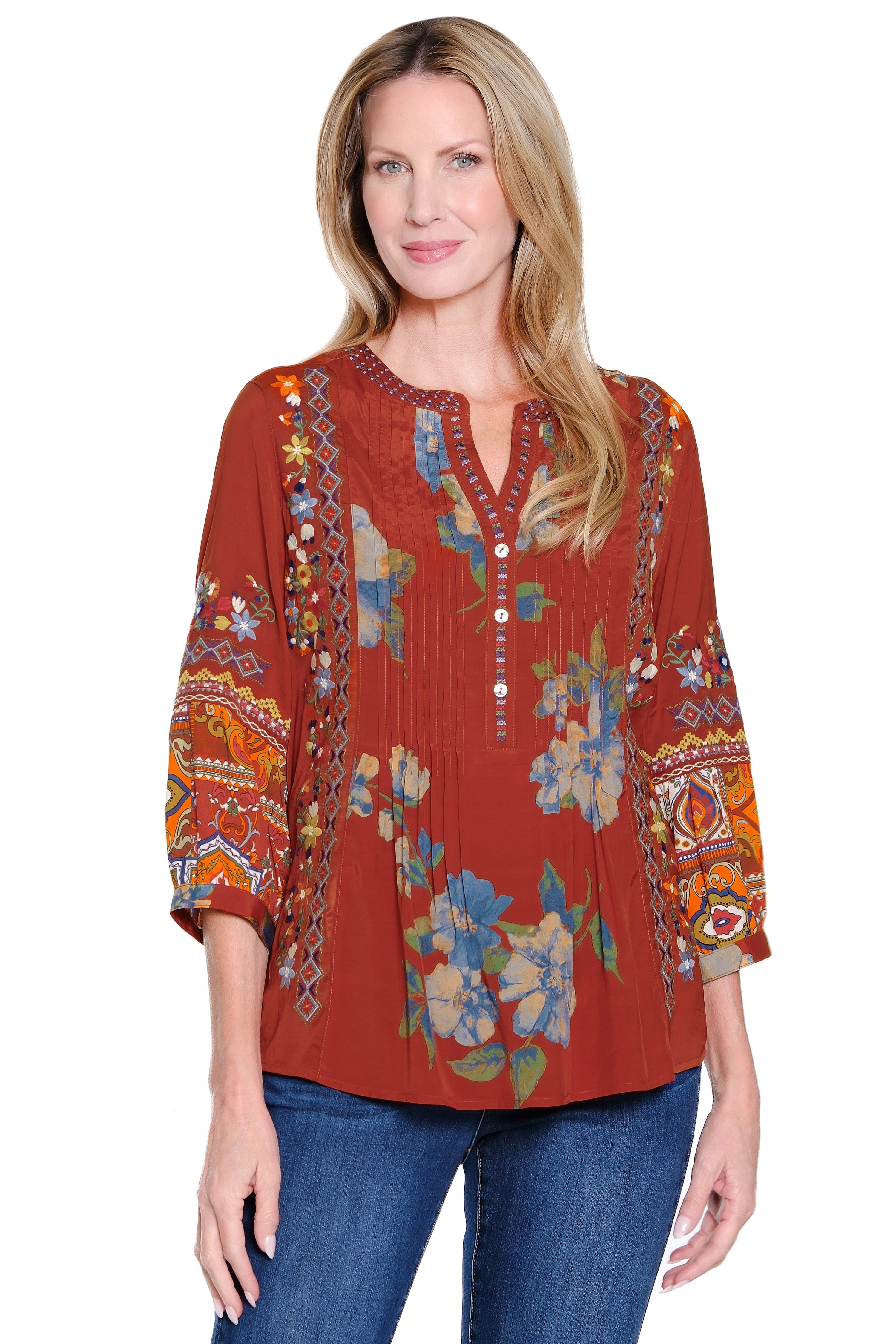 Embroidered Button-Up Tunic with Printed Back - Plus - Dark Spice