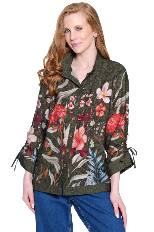 Border Print Top with Cinch Tie Sleeves - Petite - Dark Olive