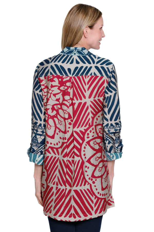 Mixed Print Button-Front Tunic - Blue Print