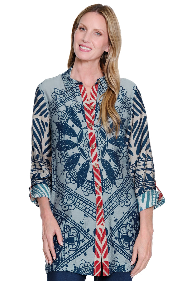 Mixed Print Button-Front Tunic - Plus - Blue Print
