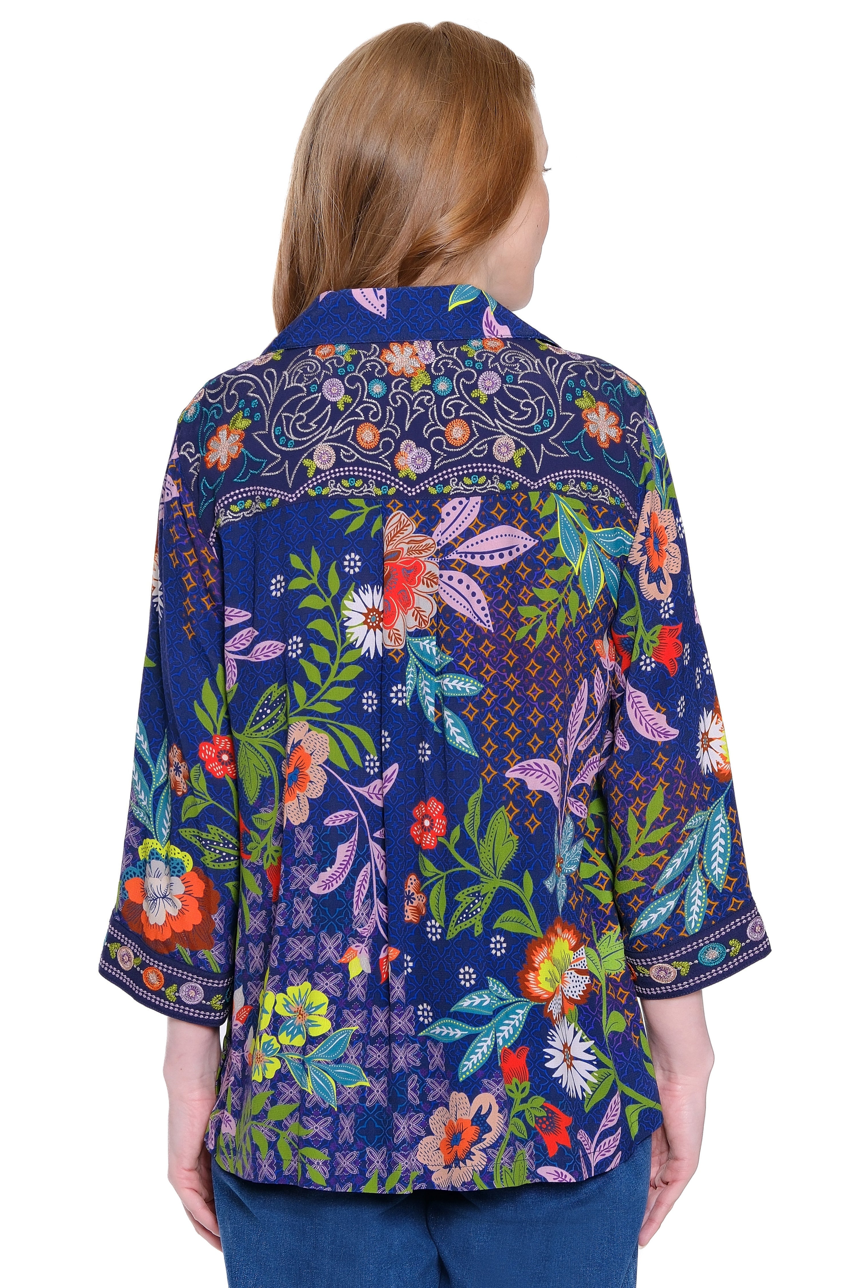 Printed Pop-Over Top with Embroidery - Teal Print