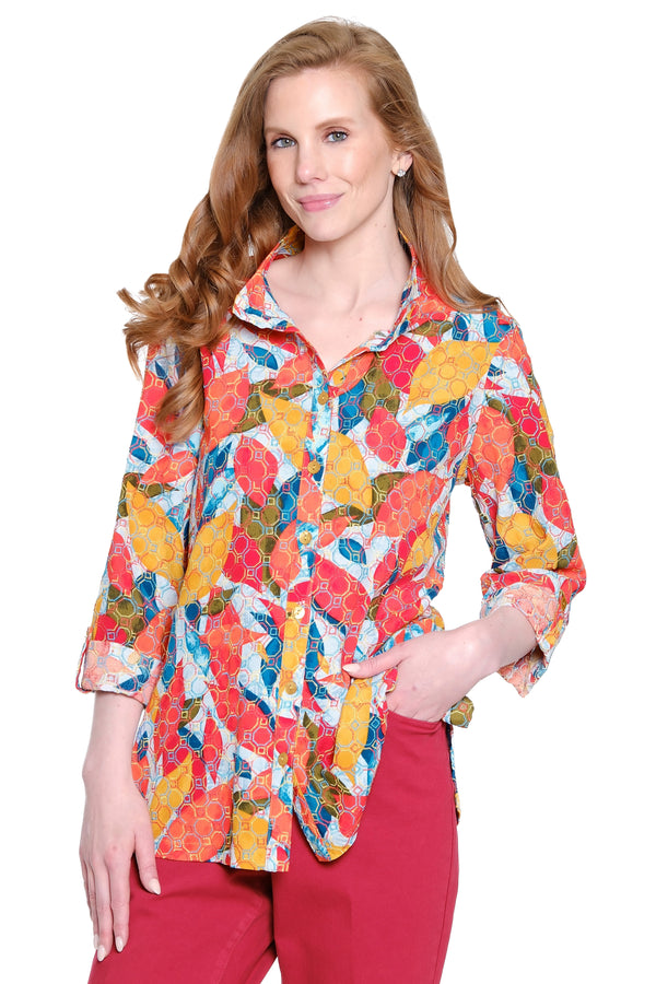 Embroidered Button-Front Print Top - Petite - Spice Print