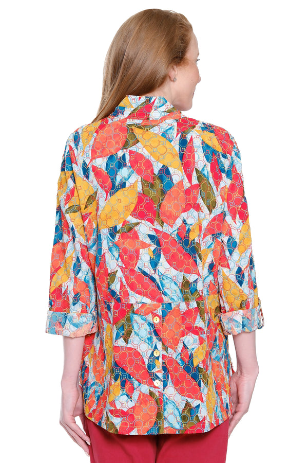 Embroidered Button-Front Print Top - Petite - Spice Print