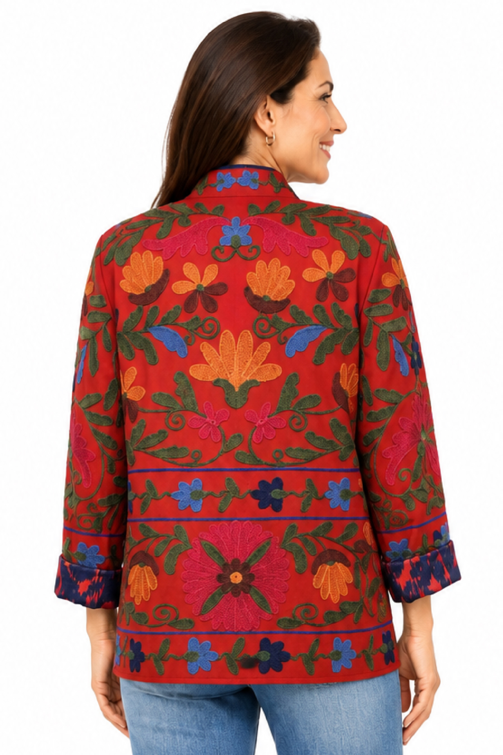 Dark Coral Embroidered Open-Front Jacket - Petite