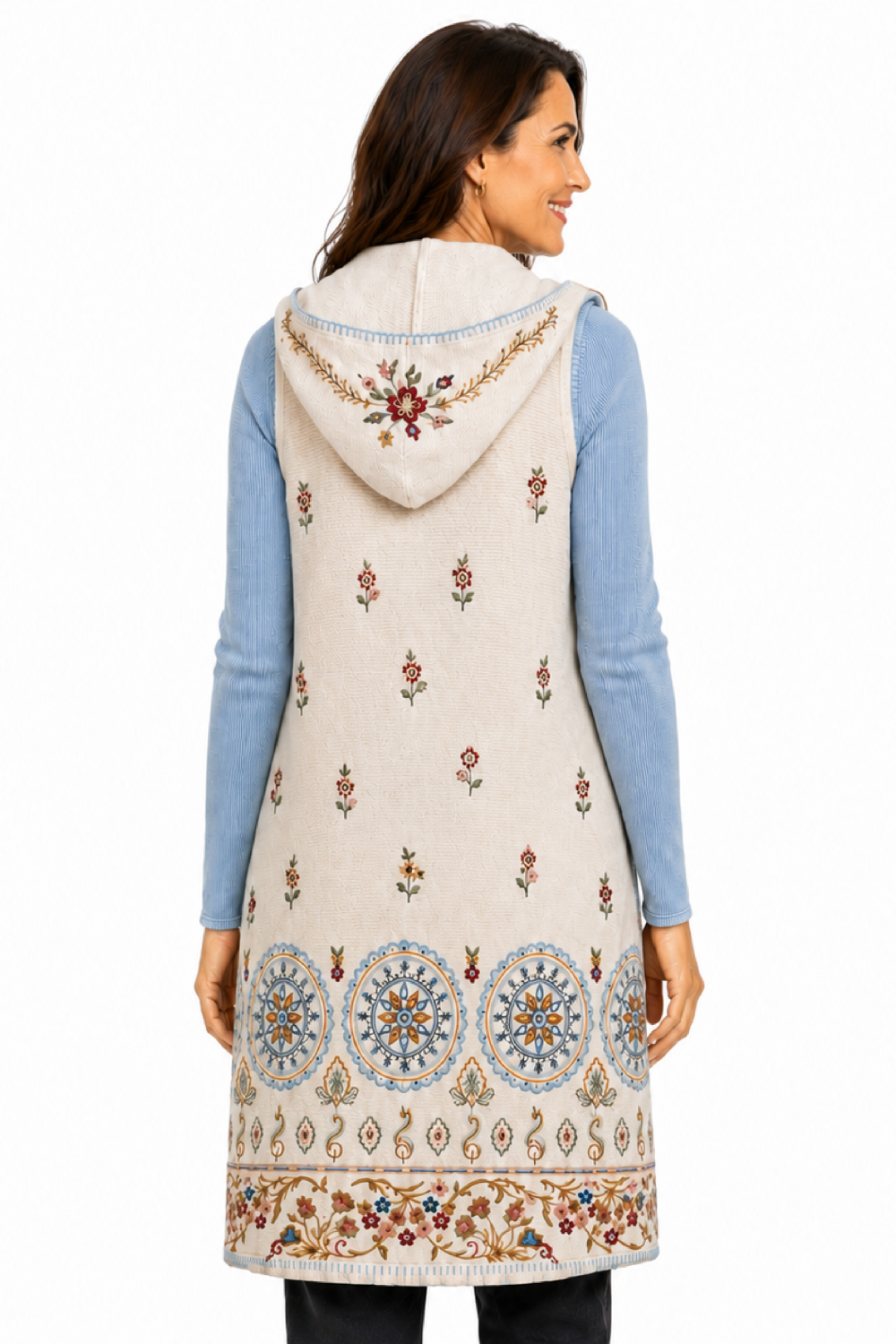 Floral Multi Embroidered Open-Front Hooded Vest - Plus