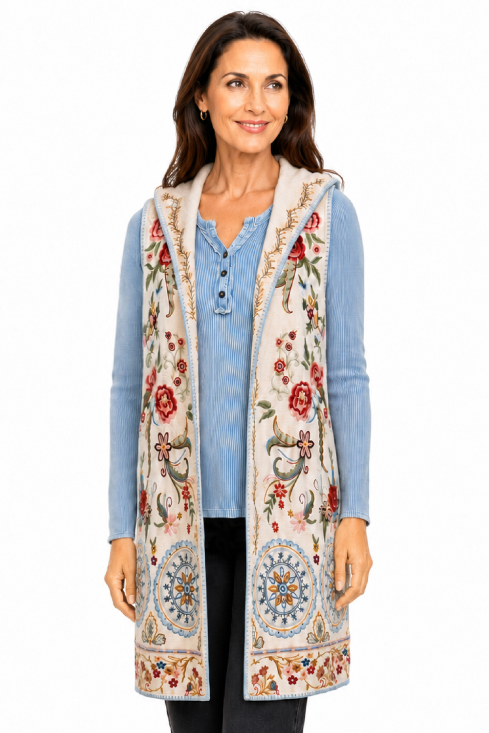 Floral Multi Embroidered Open-Front Hooded Vest - Plus
