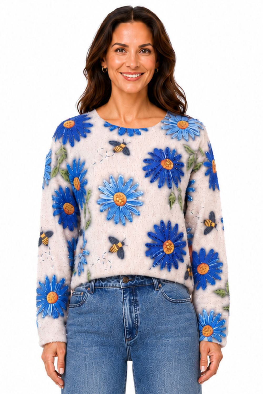 Blue Floral Floral Print Rhinestone Sweater - Missy