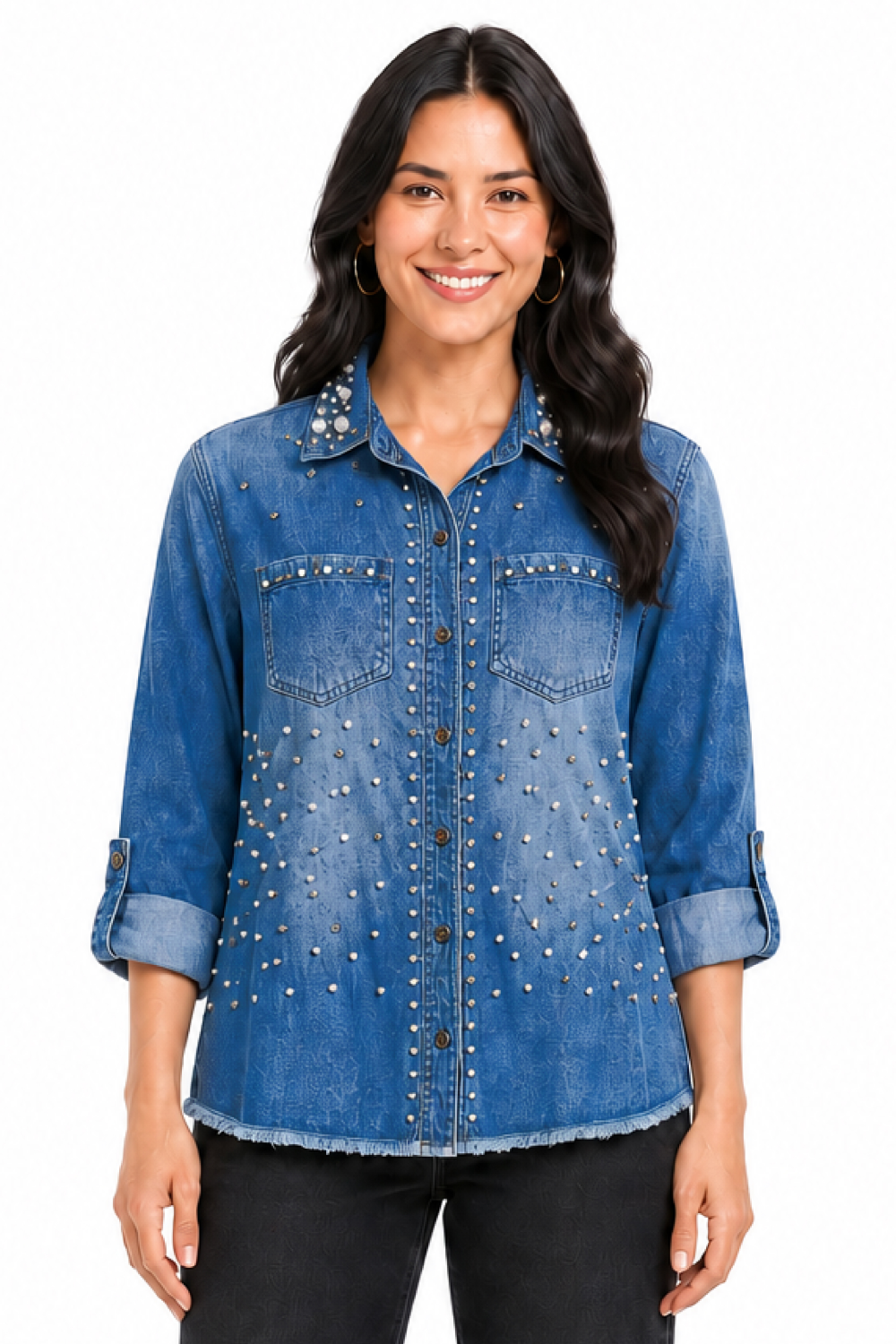 Denim Roll Tab Blouse - Missy