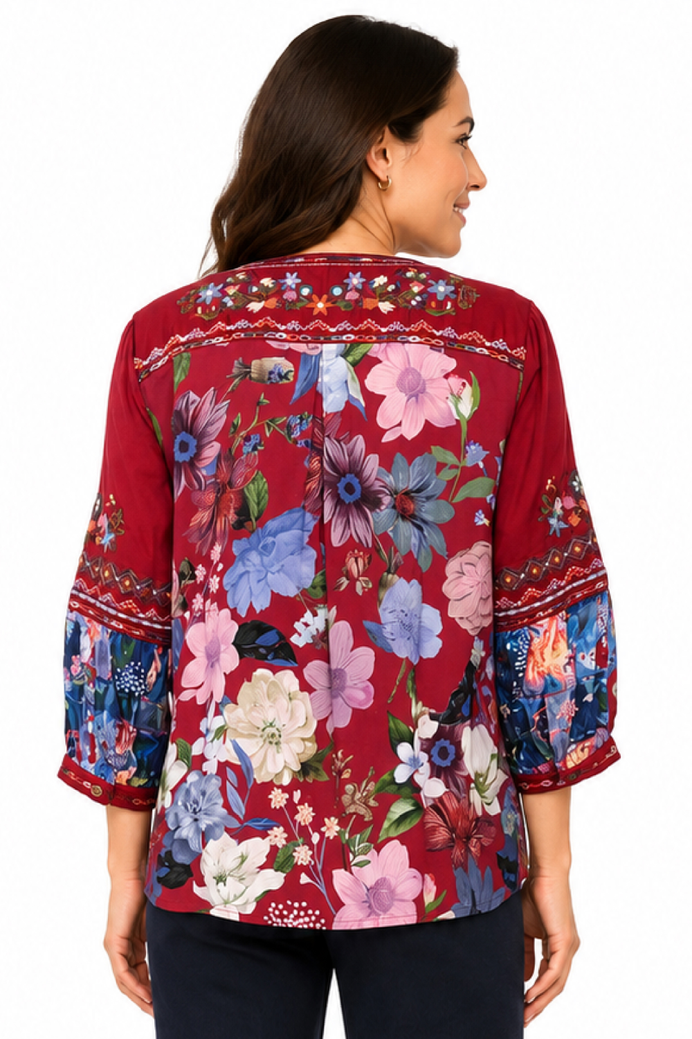 Red Embroidered Pintuck Popover - Missy