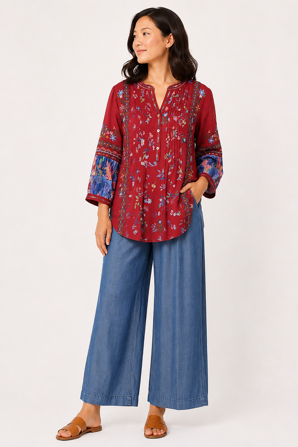 Medium Denim Wide Leg Pleated Pant - Missy