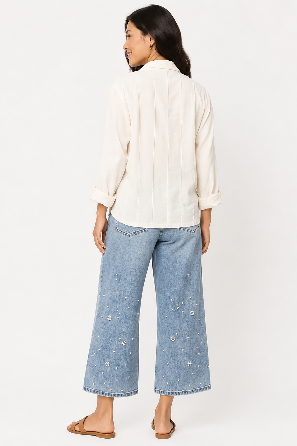 Light Denim Straight Leg Denim Jean with Pearls - Missy