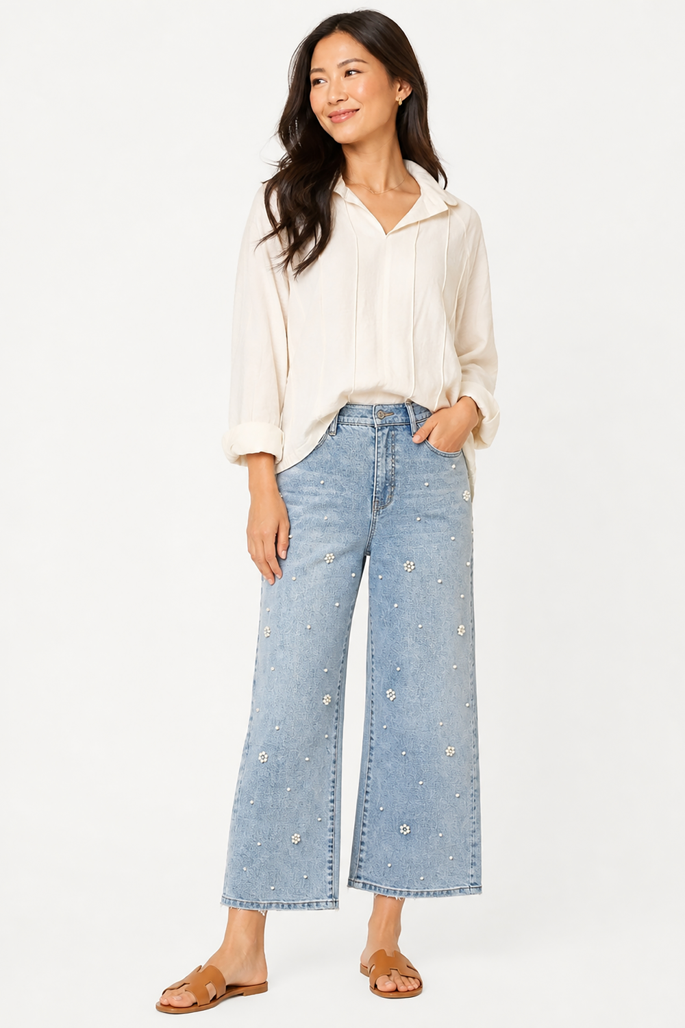 Light Denim Straight Leg Denim Jean with Pearls - Missy