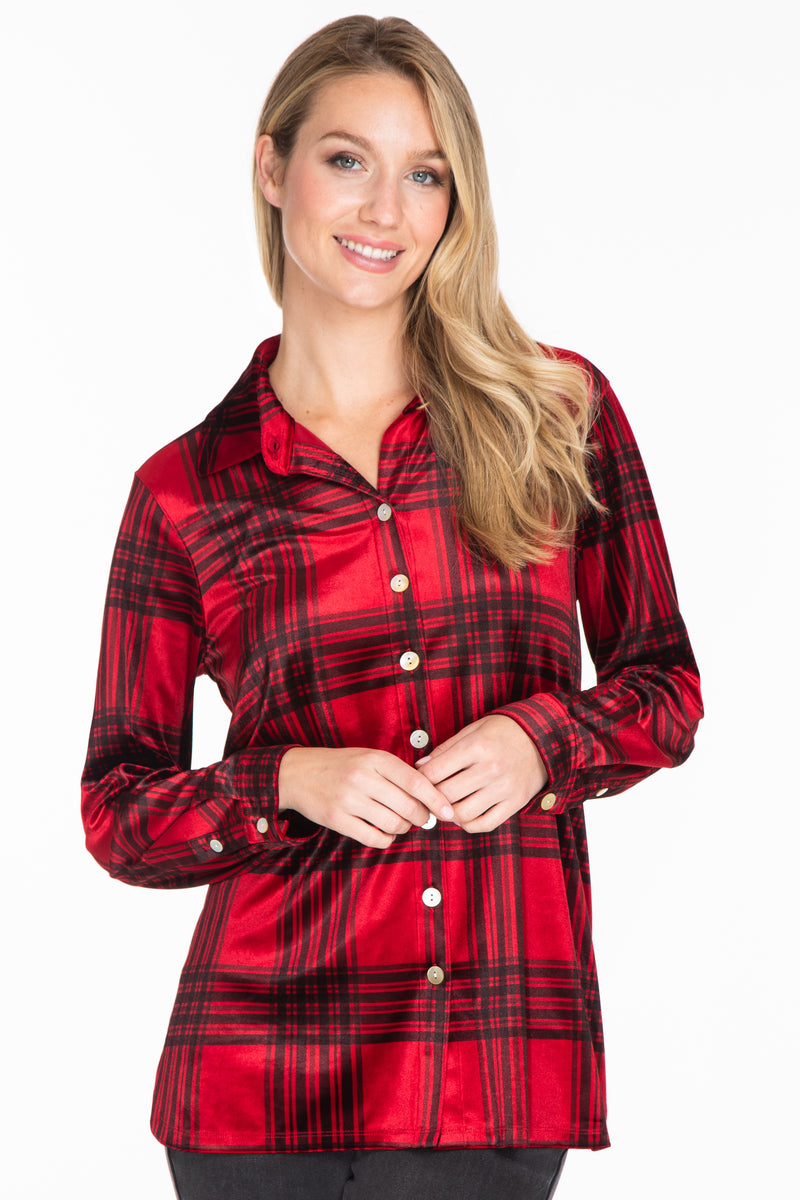 Velvet Plaid Blouse - Wine