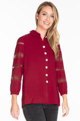 Embroidered Sleeve Blouse - Petite - Wine