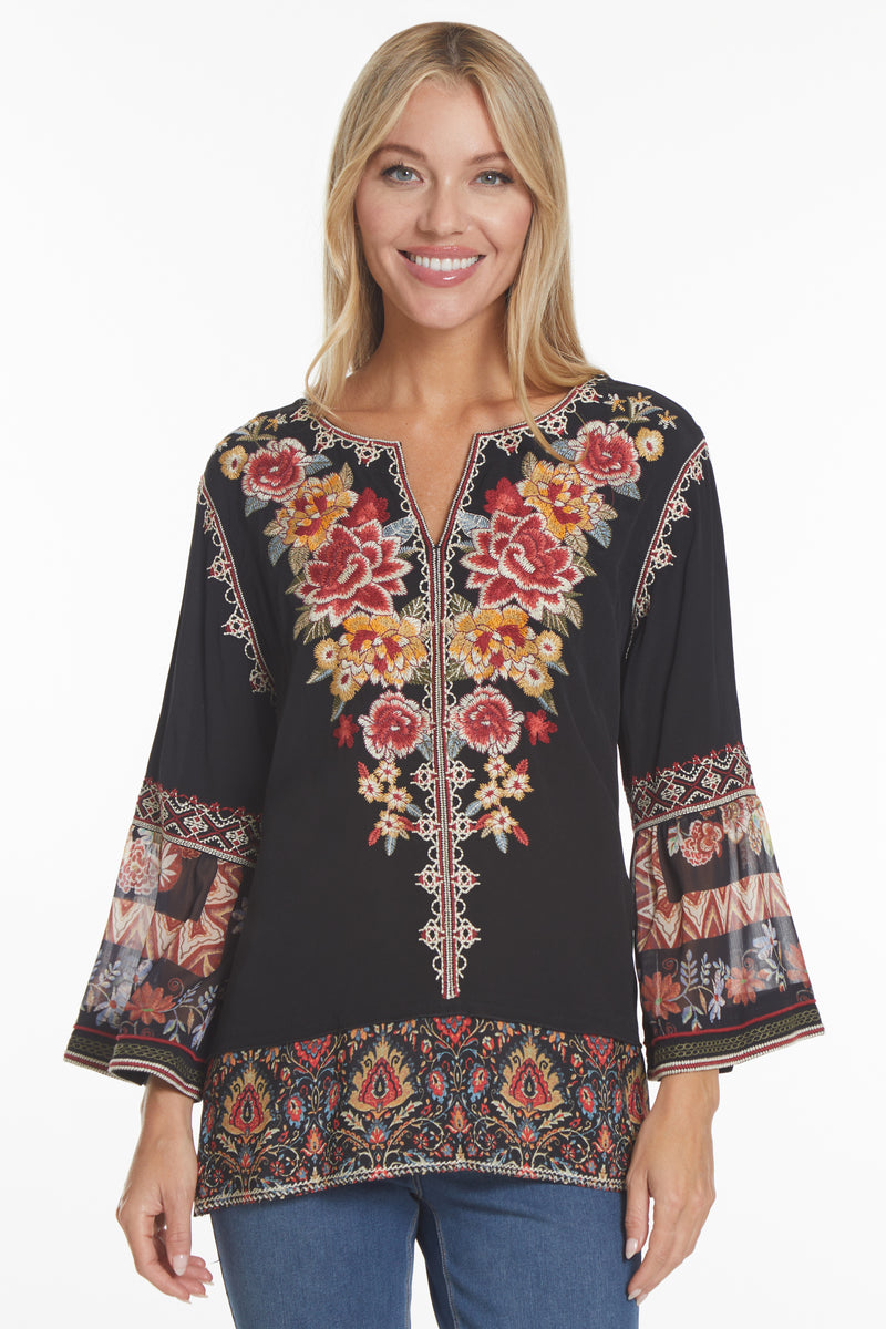 Embroidered Bell Sleeve Tunic - Black