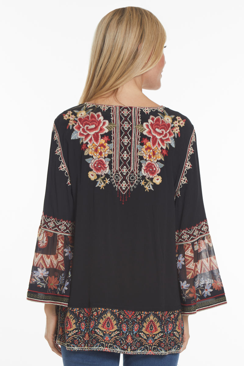 Embroidered Bell Sleeve Tunic - Petite - Black