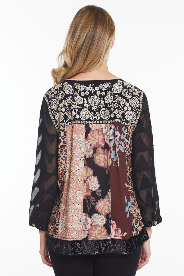 Embroidered Tunic with Velvet Trim - Multi