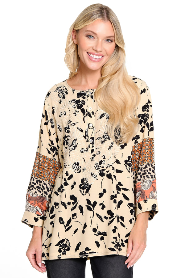 Emb Button Up Tunic - Petite - Winter White/Black