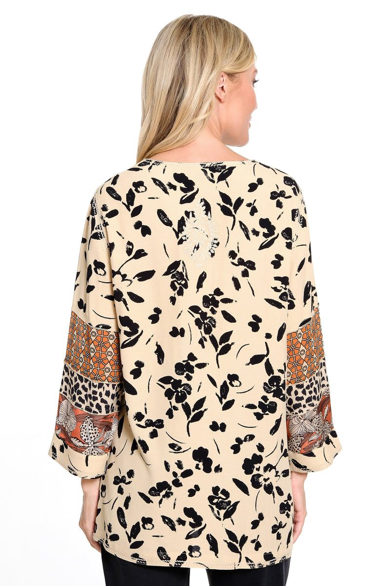 Embroidered Button Up Tunic w/ Mix Print - Winter White/Black