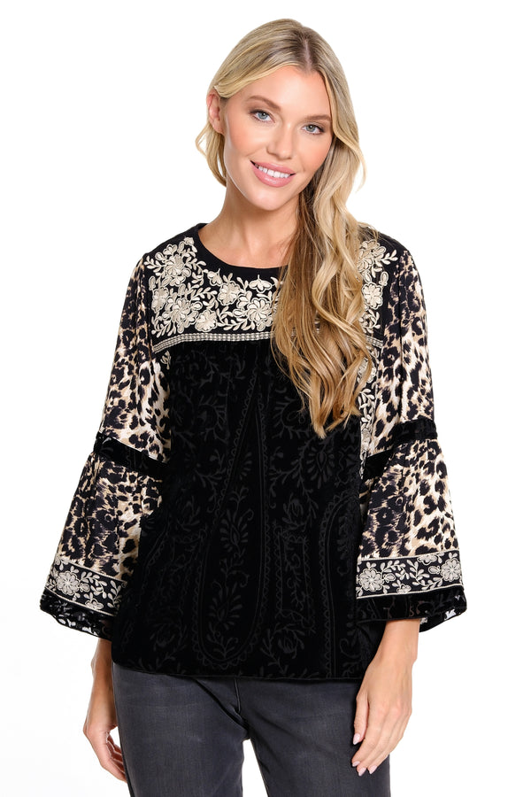 Embroidered Burnout Velvet Top - Black/Winter White