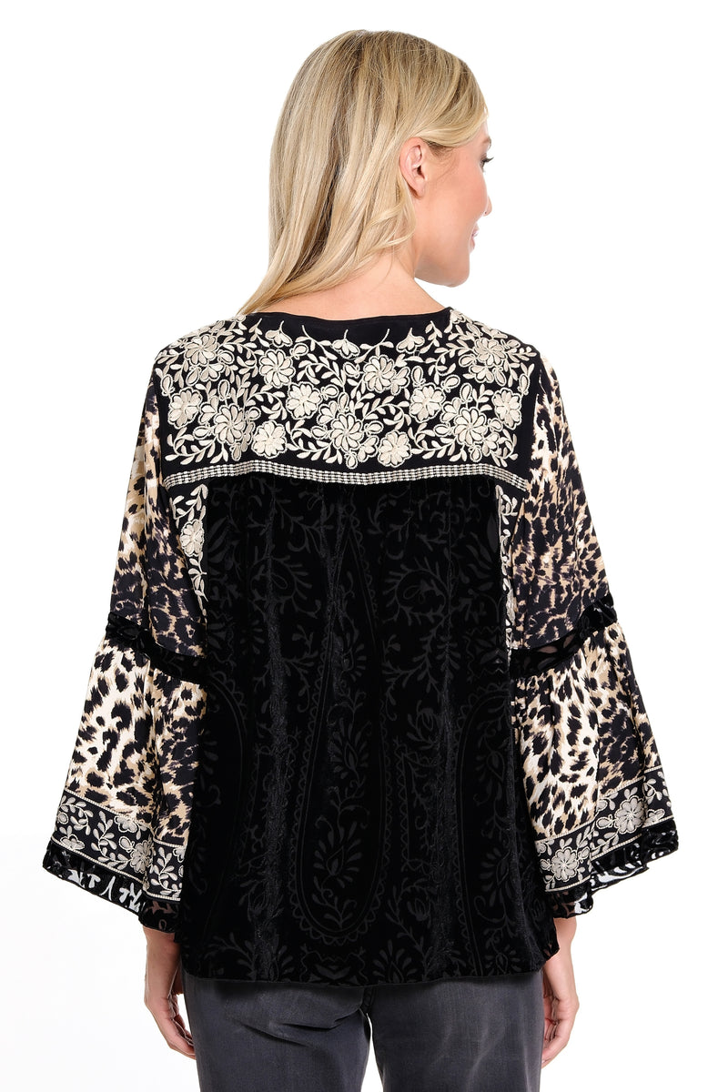 Embroidered Burnout Velvet Top - Black/Winter White