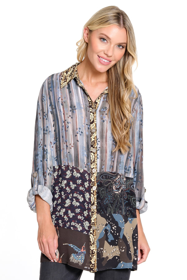 Mix Print Patched Button Front Tunic - Petite - Multi