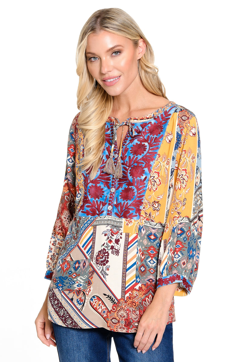 Embroidered Detail Tassel Tie Tunic - Patch Multi