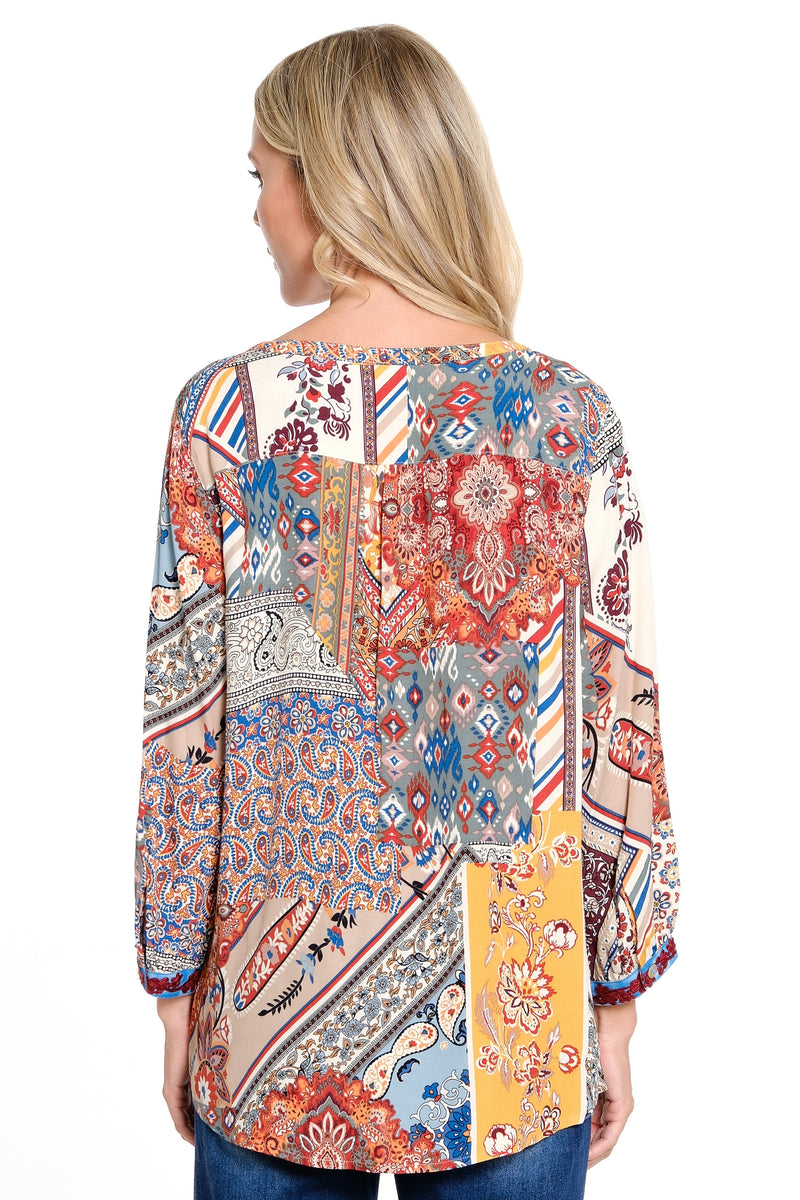 Embroidered Detail Tassel Tie Tunic - Patch Multi