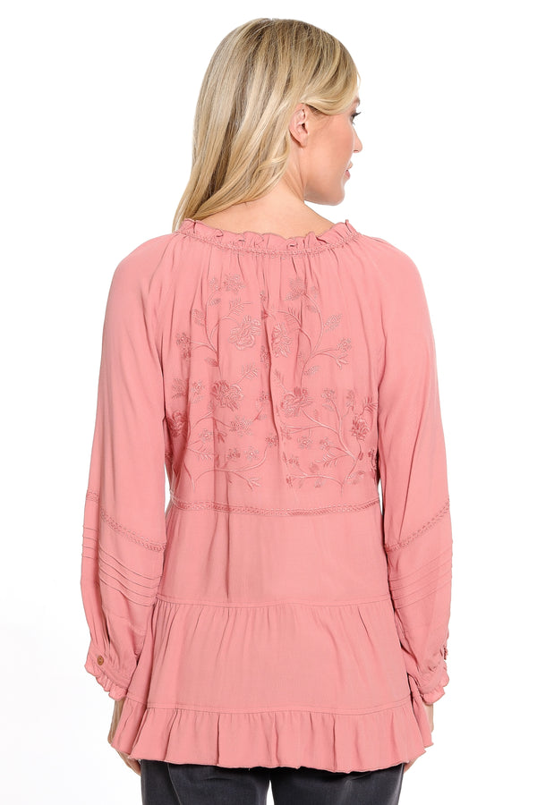 Embroidered Tie Front Ruffle Tiered Top - Dusty Rose