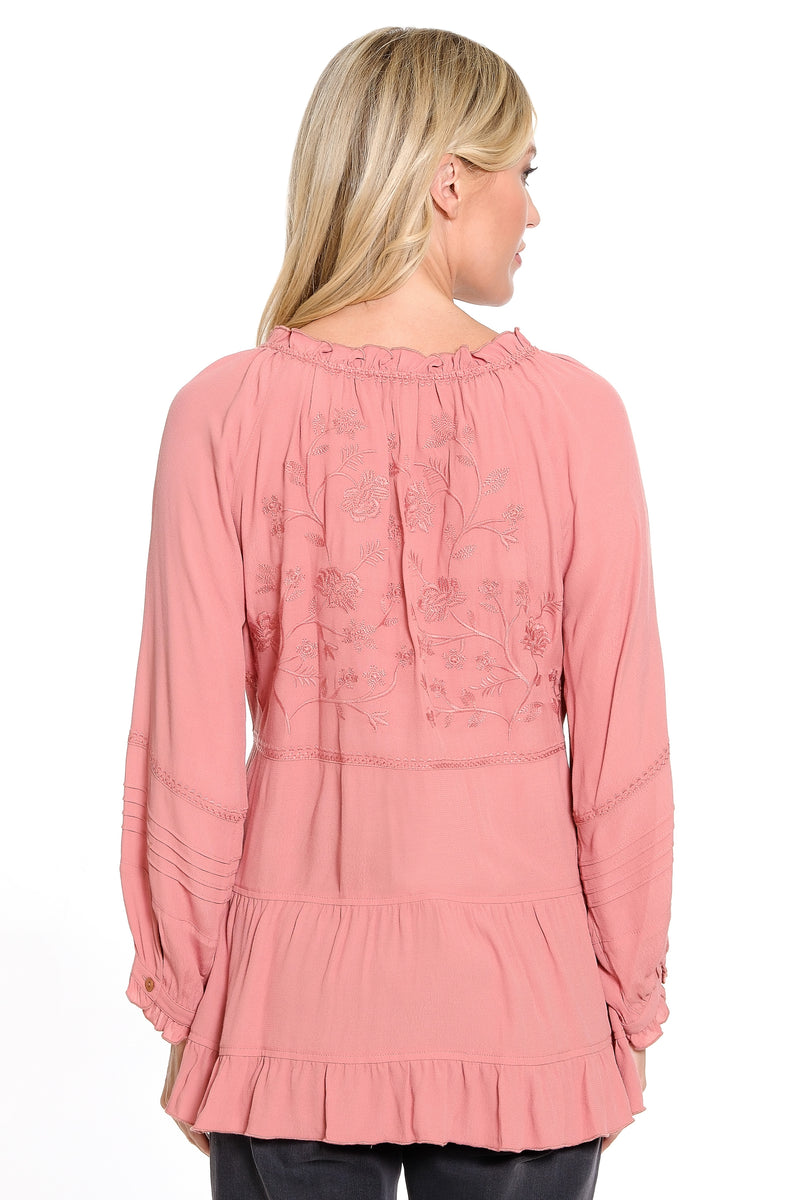 Embroidered Tie Front Ruffle Tiered Top - Dusty Rose