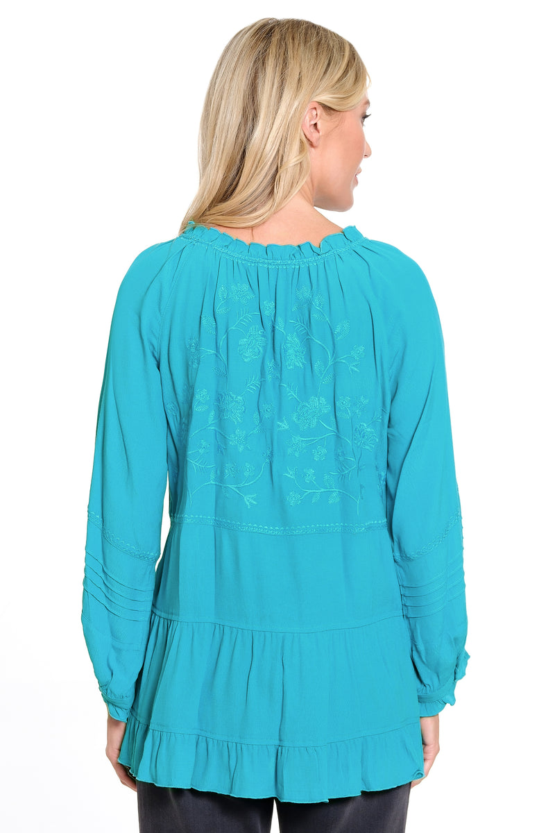 Embroidered Tie Front Ruffle Tiered Top - Dusty Teal