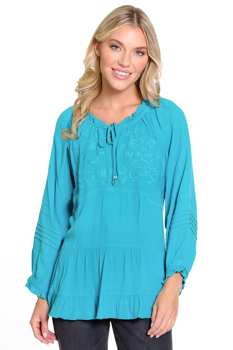 Embroidered Tie Front Ruffle Tiered Top - Dusty Teal