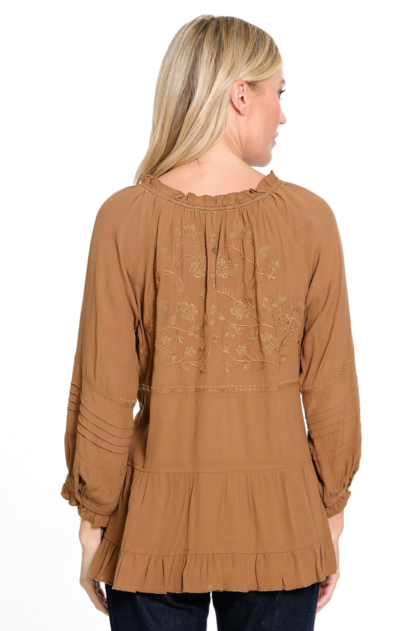 Embroidered Tie Front Ruffle Tiered Top - Tobacco