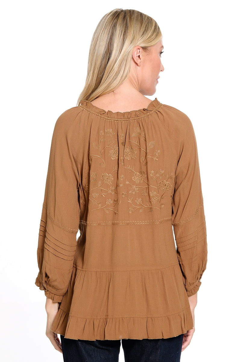 Embroidered Tie Front Ruffle Tiered Top - Tobacco