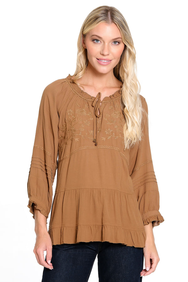 Embroidered Tie Front Ruffle Tiered Top - Tobacco