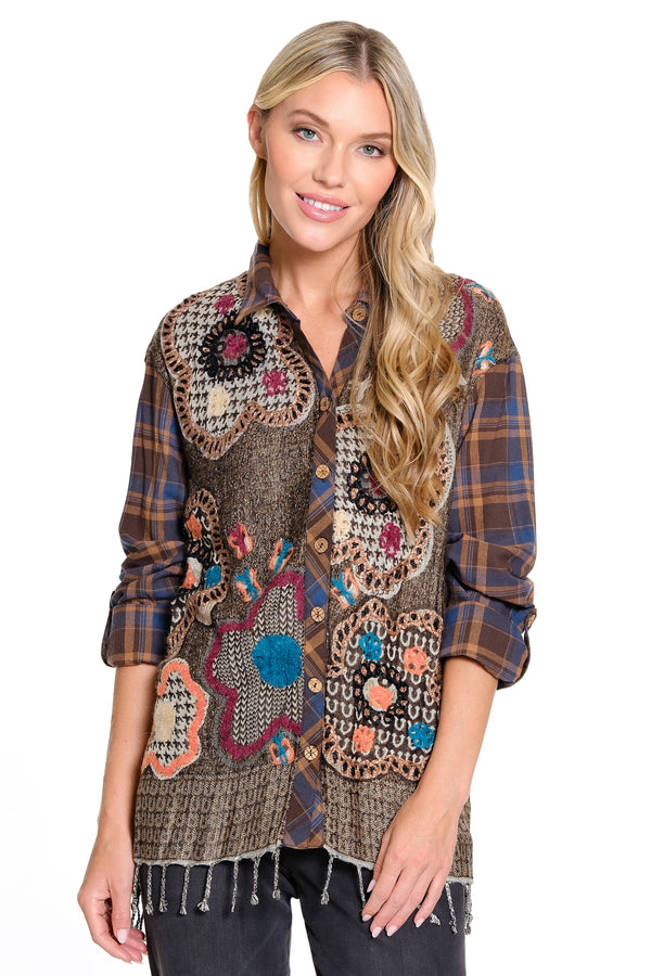 Mix Media Button Front Top - Women's - Multi