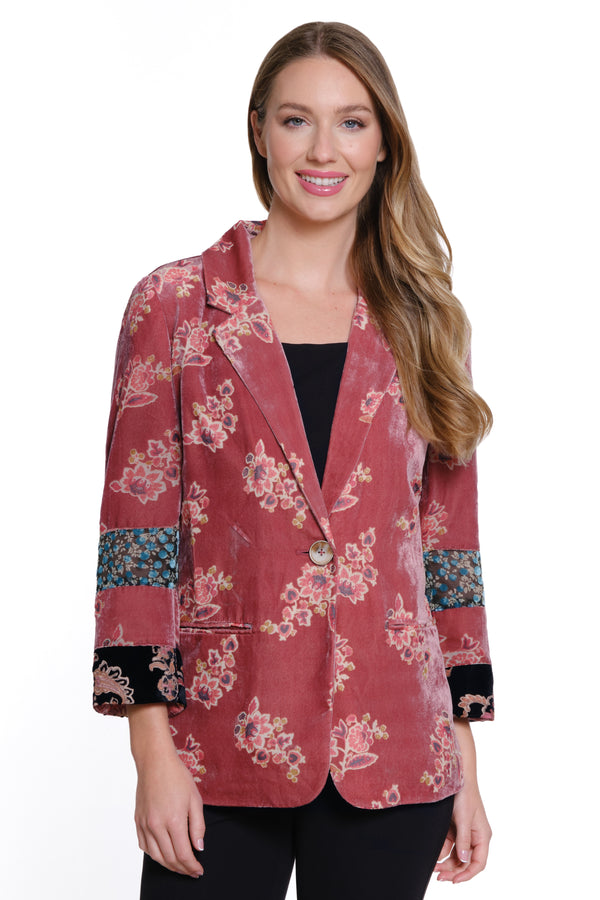 Burnout Velvet Lined Blazer Jacket - Pink Floral