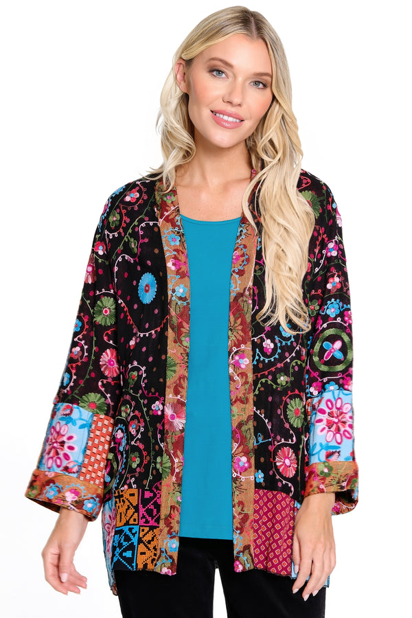 3/4 Sleeves All Over Emb Kimono with Mix Media Patches  - Women's - Multi