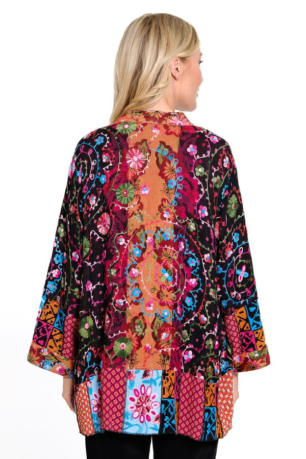 3/4 Sleeves All Over Emb Kimono with Mix Media Patches  - Women's - Multi