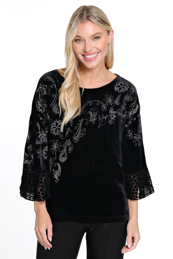 Embroidered Velvet Top 3/4 Sleeves - Black