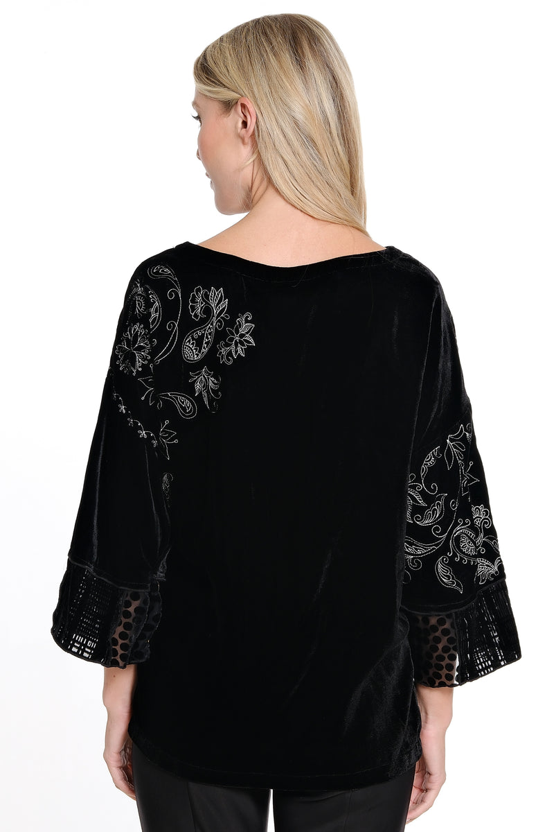 Embroidered Velvet Top 3/4 Sleeves - Black