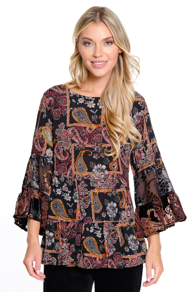 Mix Media Tiered Ruffle 3/4 Flounce Sleeves - Multi